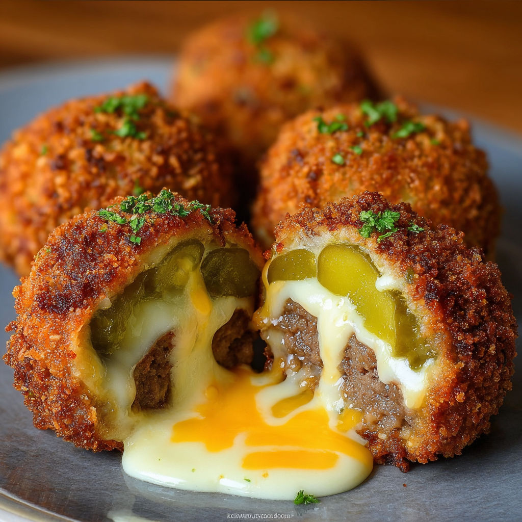 A plate of dill pickle cheeseburger mozzarella bombs.