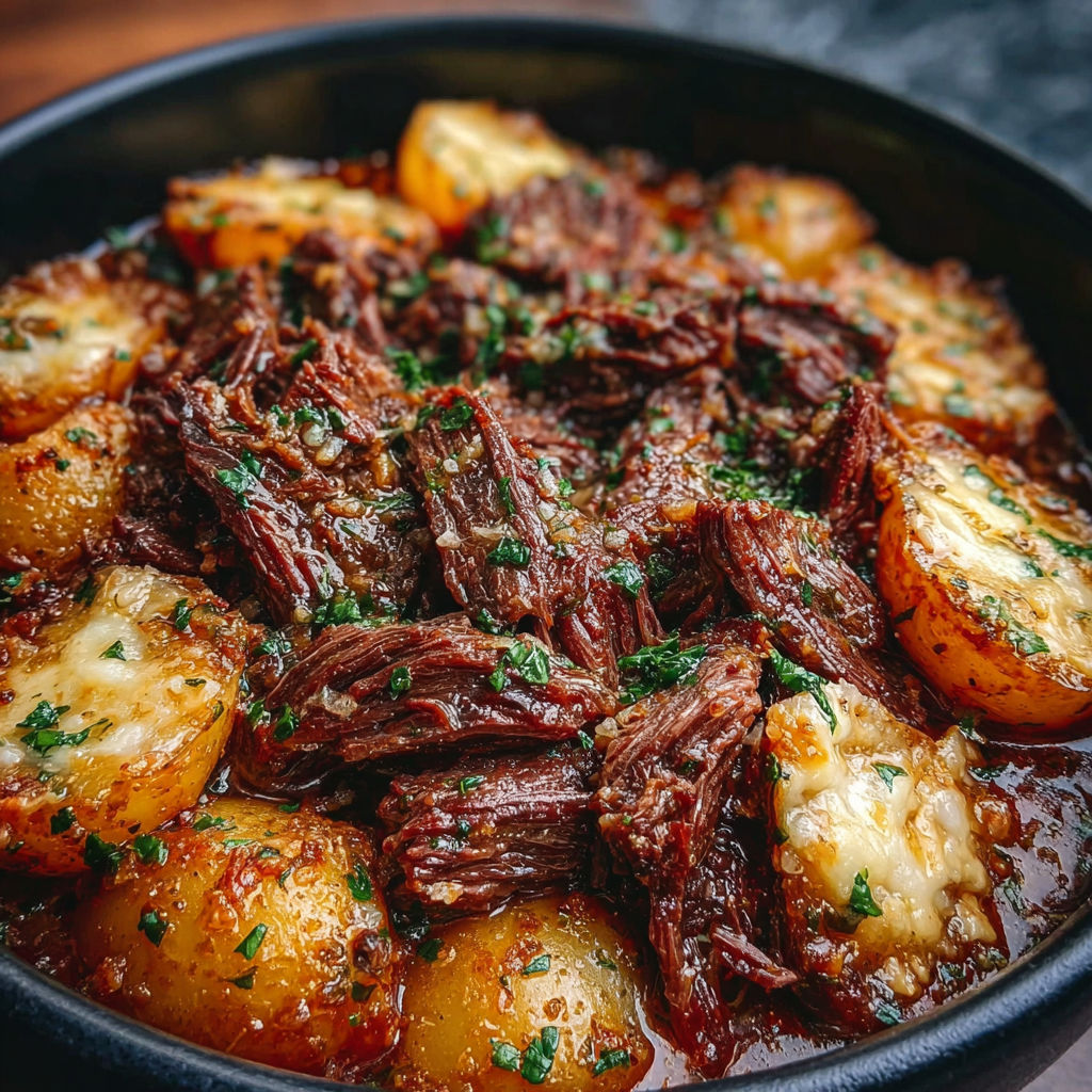 A bowl of slow cooker garlic butter beef with potatoes.