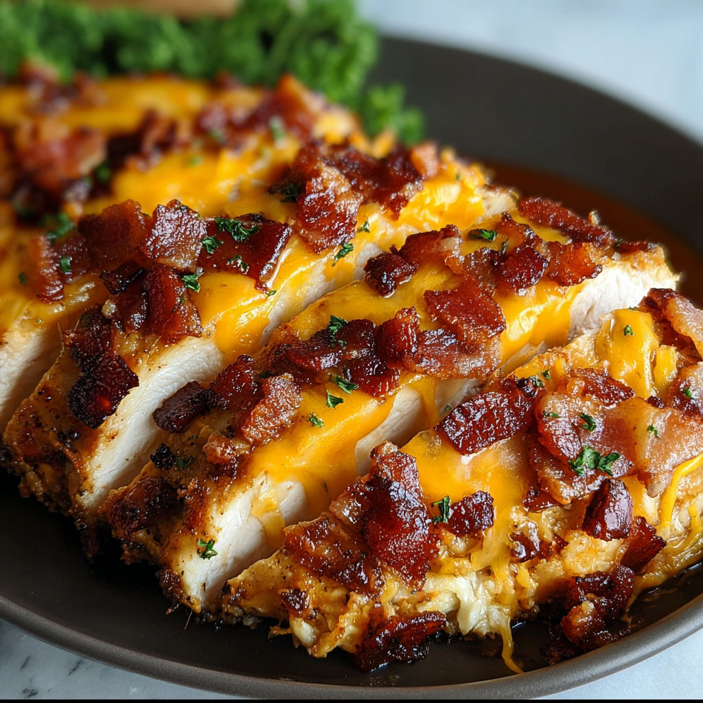 A plate of bacon chicken with cheese and green onions.
