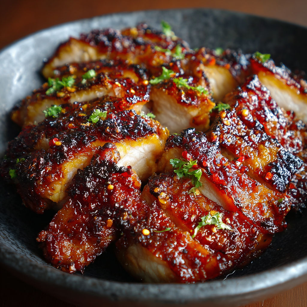 A bowl of meat with a green garnish.