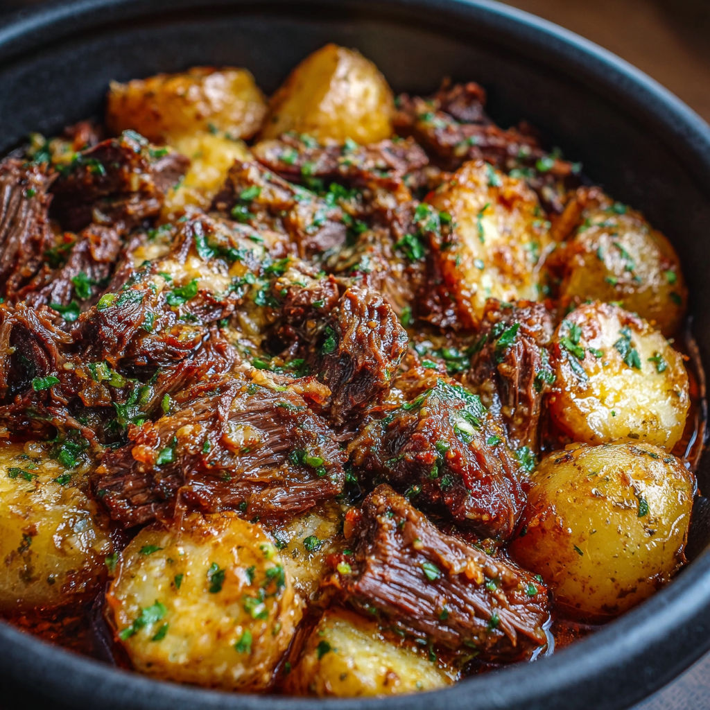 A bowl of beef and potatoes.