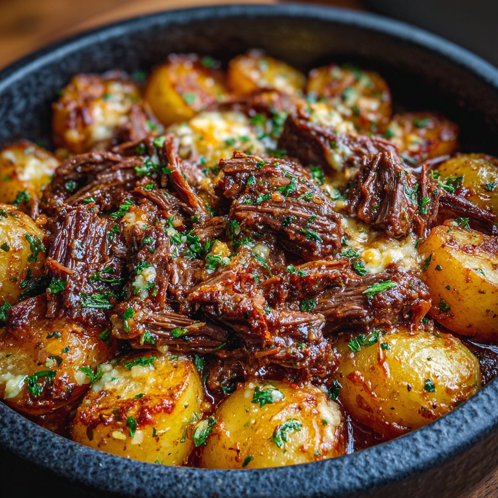 A bowl of beef and potatoes.