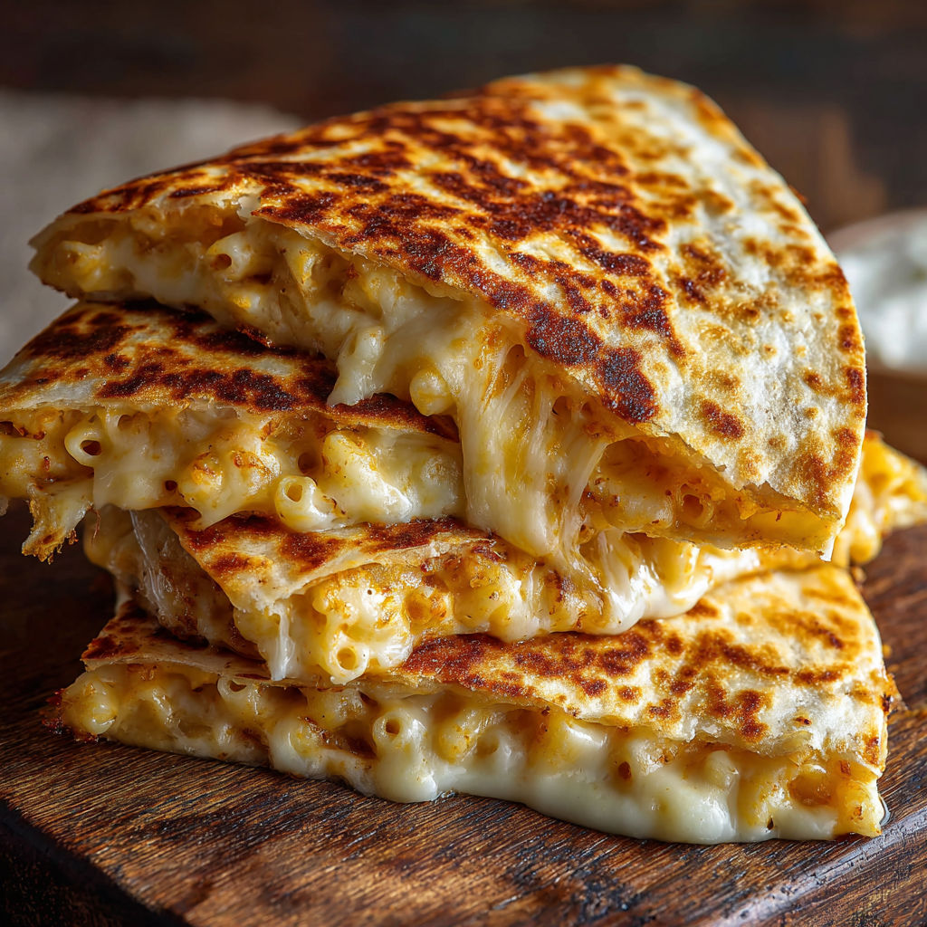 Mac and cheese quesadilla on a wooden cutting board.