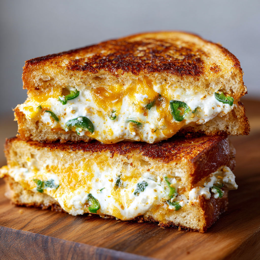 A sandwich with cheese and peppers on a wooden table.