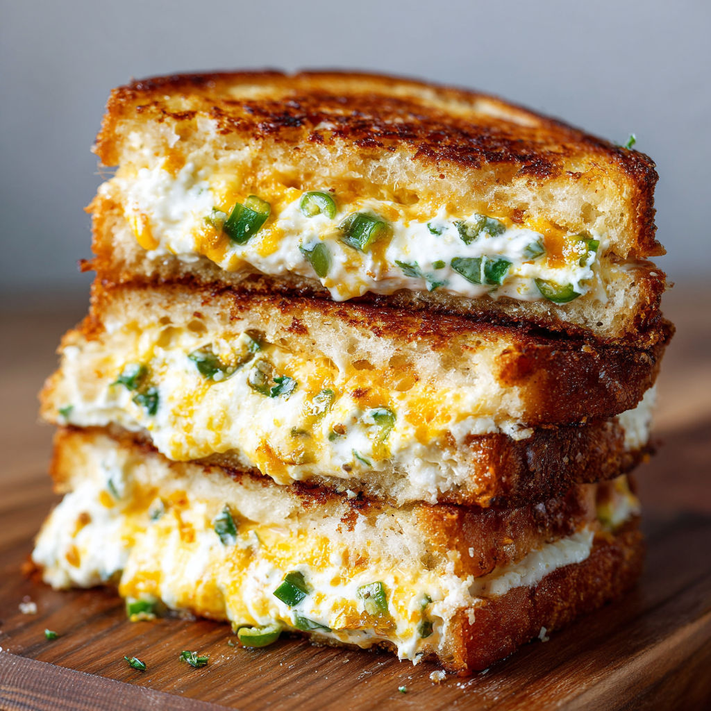 A stack of grilled cheese sandwiches with white sauce and green peppers.