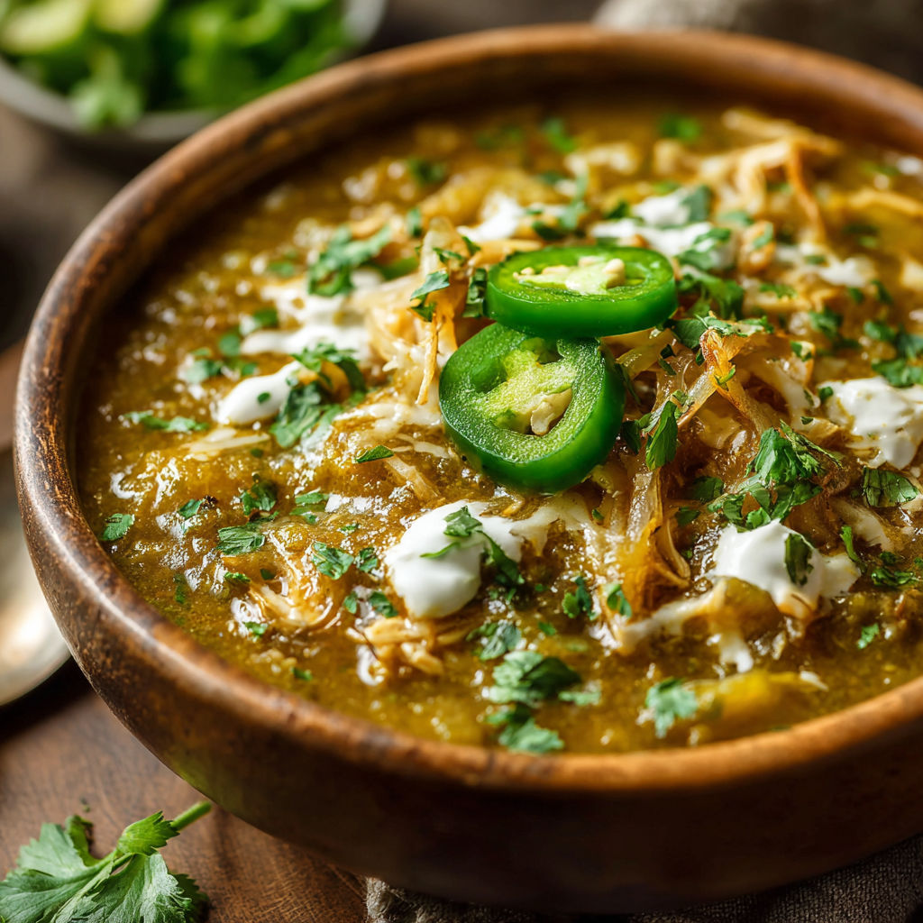 A bowl of soup with chicken and jalapenos.