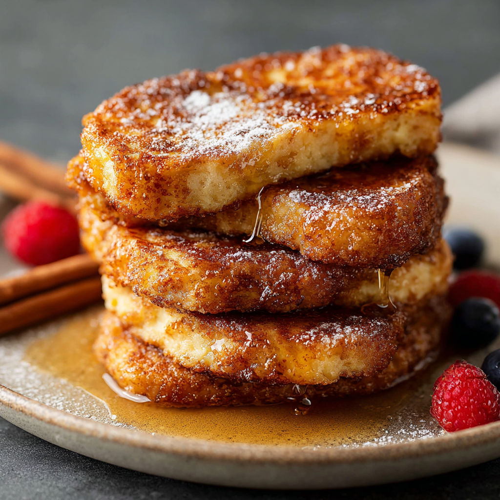 A stack of French toast with powdered sugar and syrup.