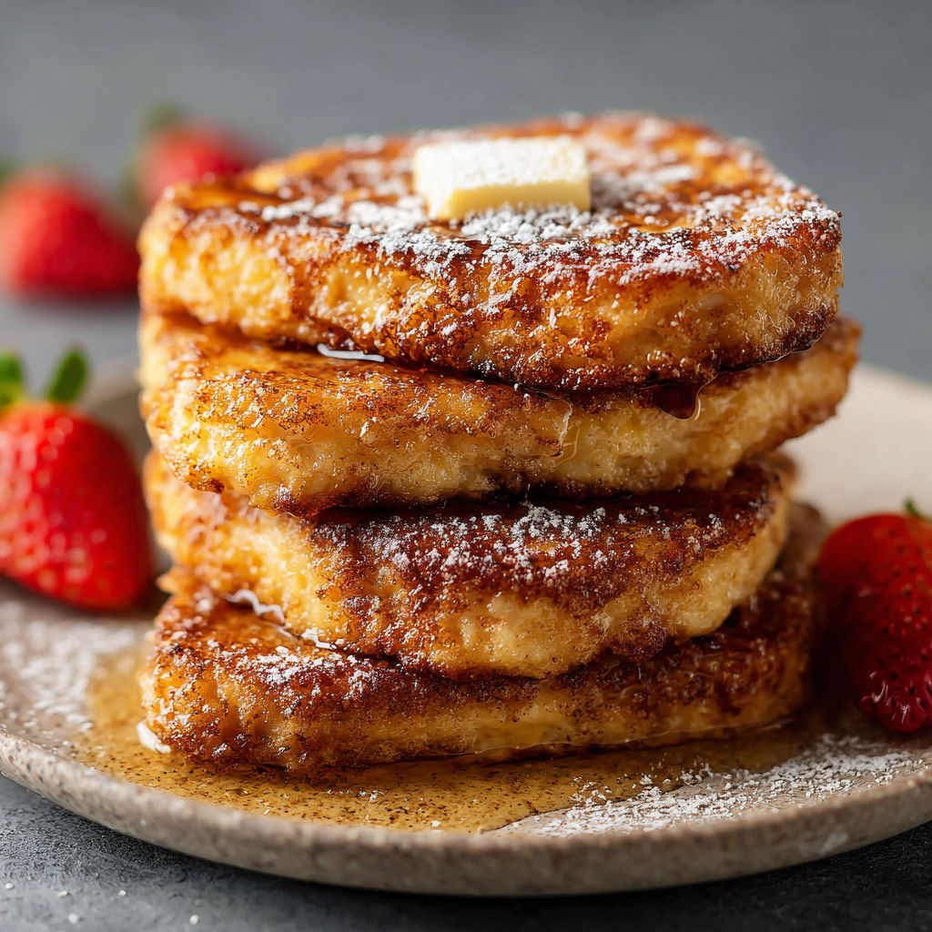 A stack of French toast with powdered sugar and strawberries.