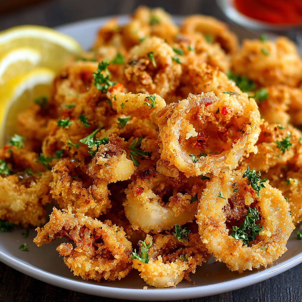 A plate of fried calamari with a lemon wedge.