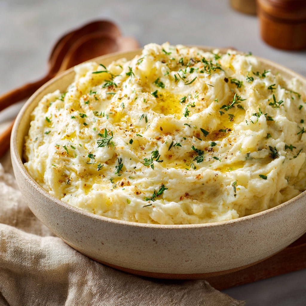 A bowl of mashed potatoes with herbs on top.