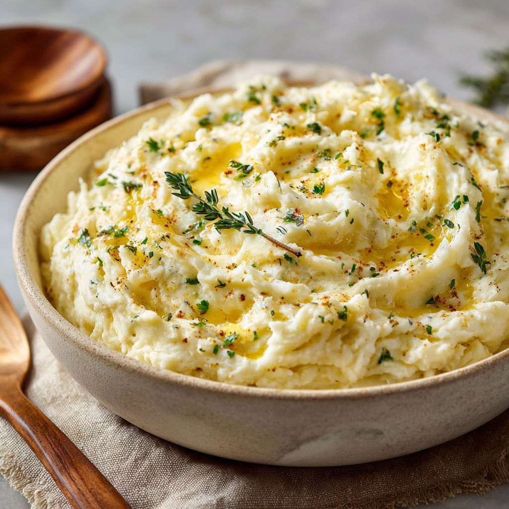 A bowl of mashed potatoes with herbs and spices.