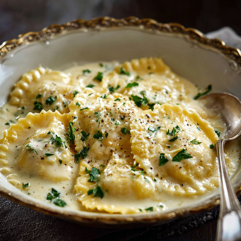 A bowl of pasta with white sauce.