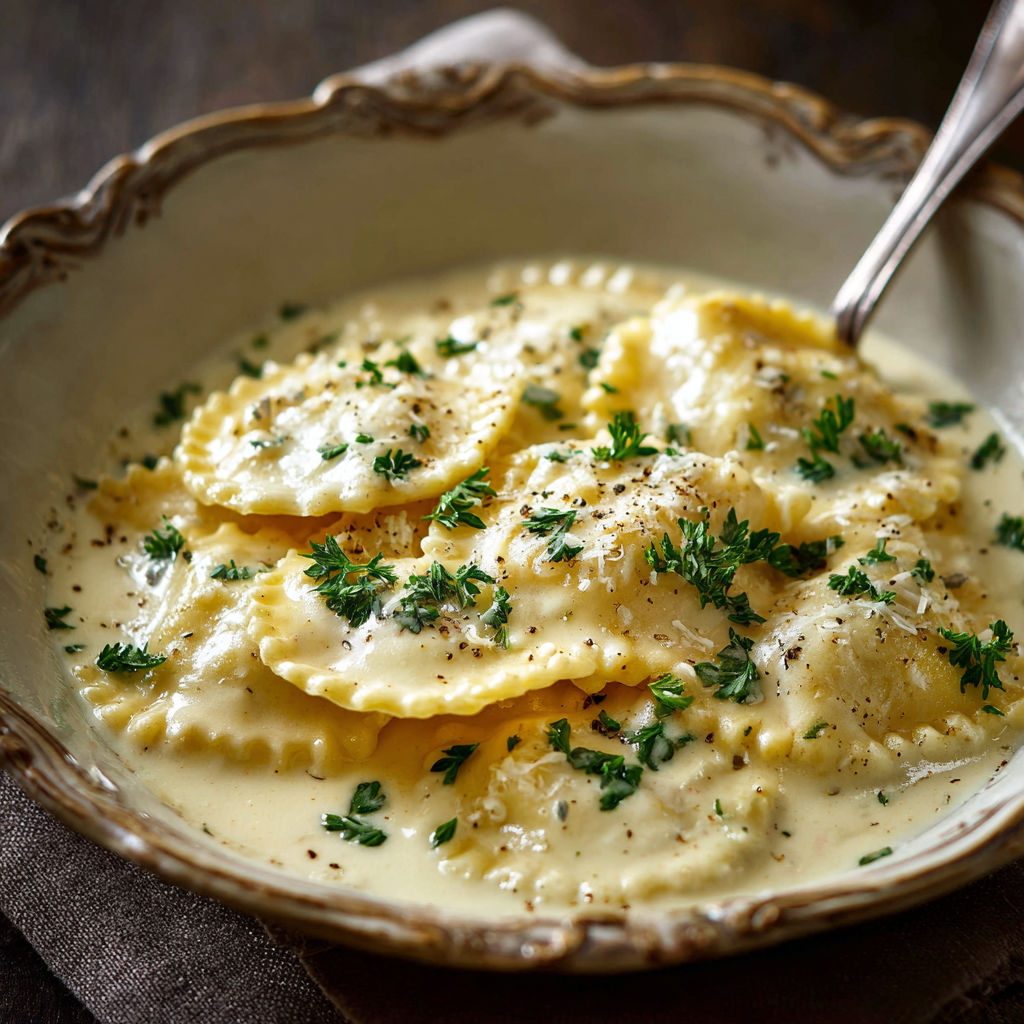 A bowl of pasta with white sauce.