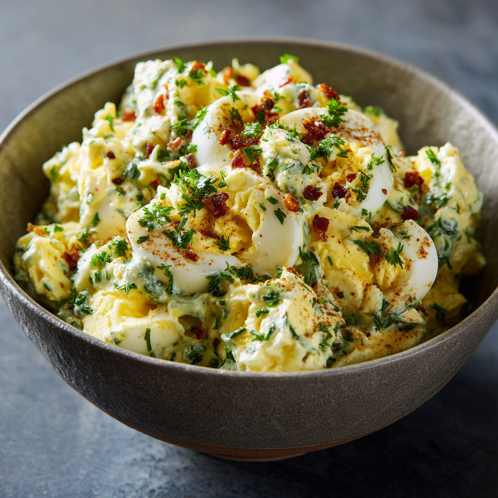 A bowl of food with eggs and bacon.