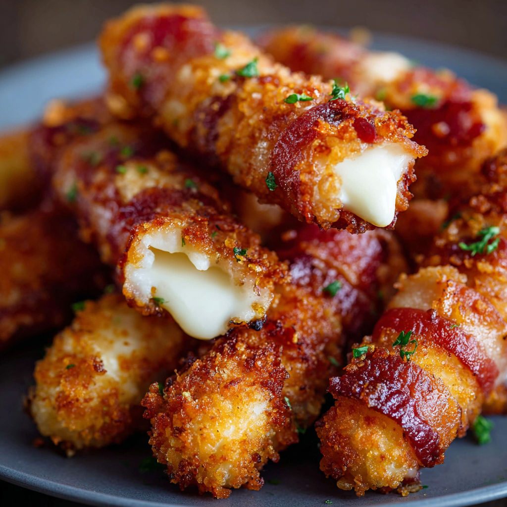 A plate of bacon wrapped cheese sticks.