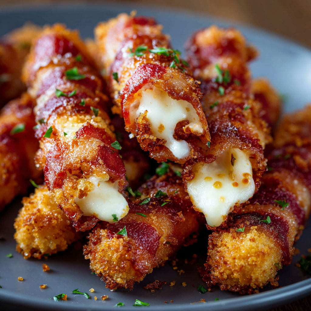 Bacon wrapped cheese sticks on a plate.