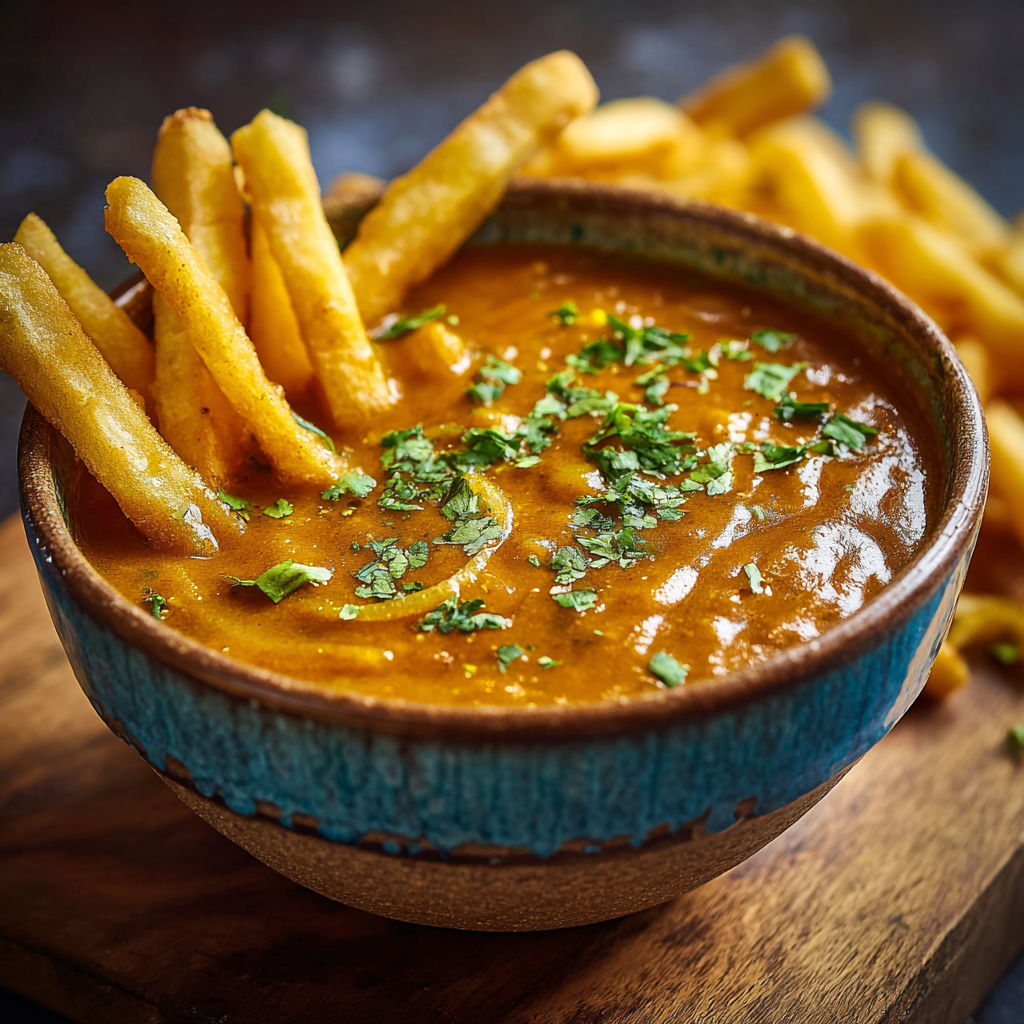 A bowl of soup with fries on a table.