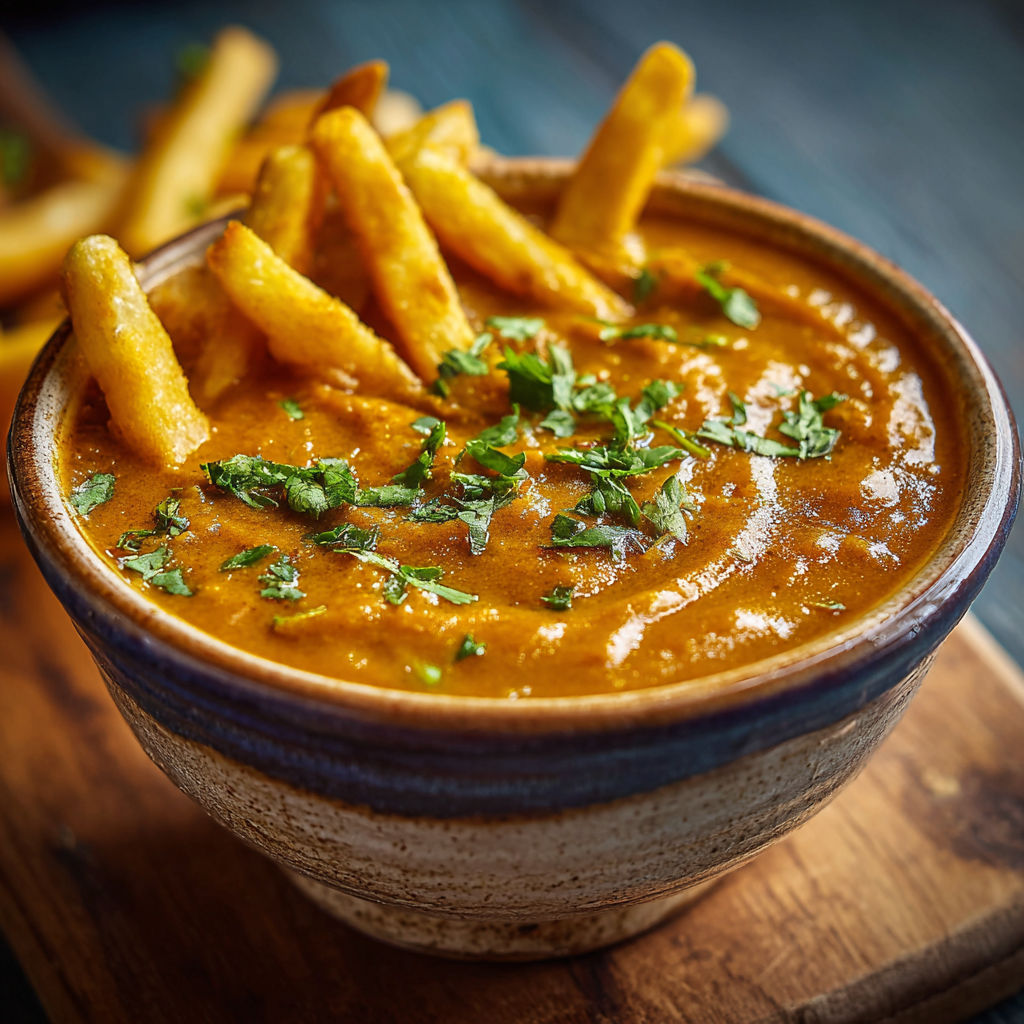 A bowl of soup with fries on top.