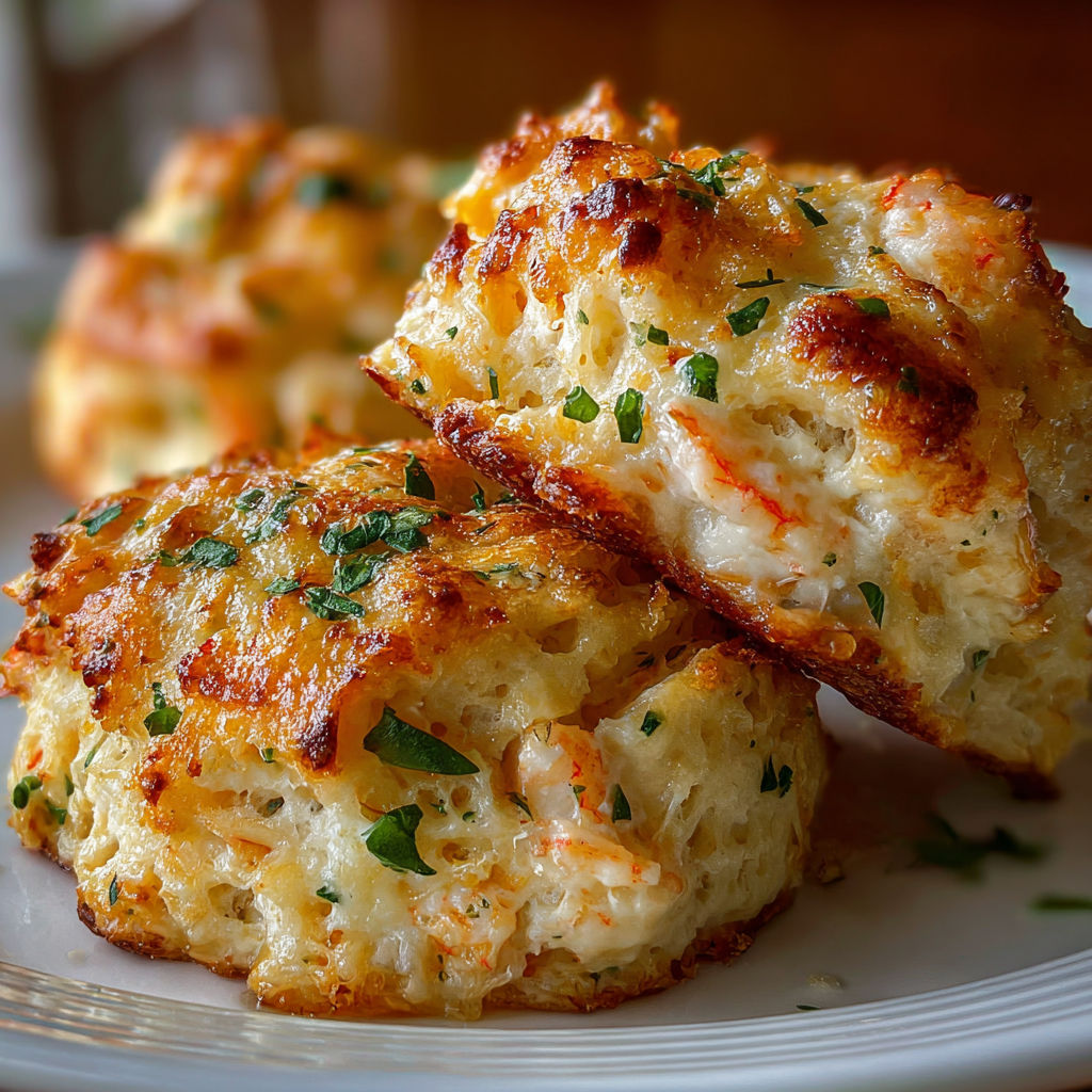 Shrimp and crab biscuit melts on a plate.
