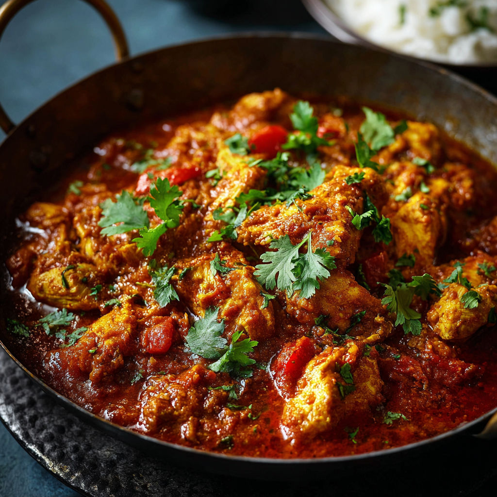 A savory chicken bhuna dish in a pan.