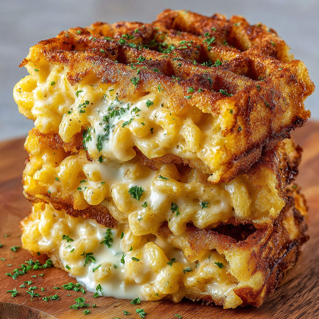 A stack of waffles with mac and cheese on top.