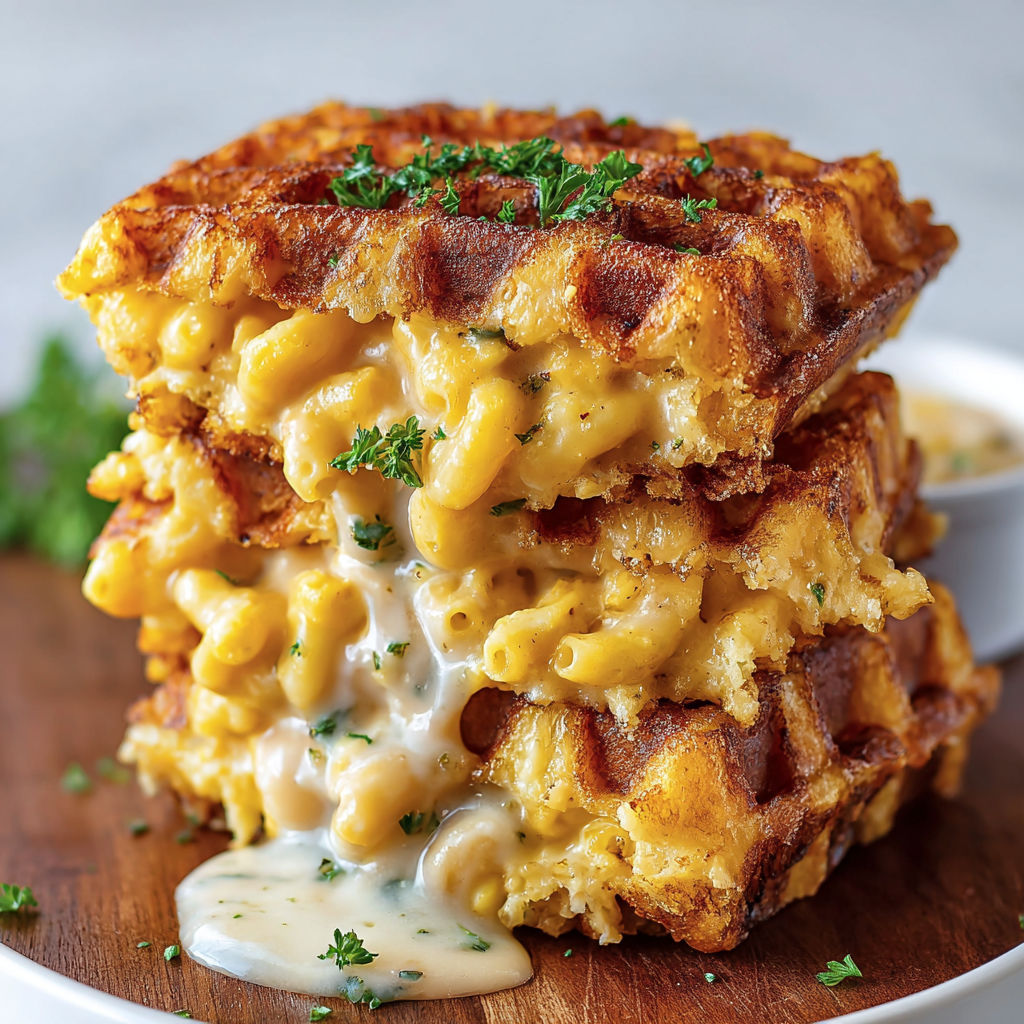 A stack of macaroni and cheese with a white sauce drizzled on top.