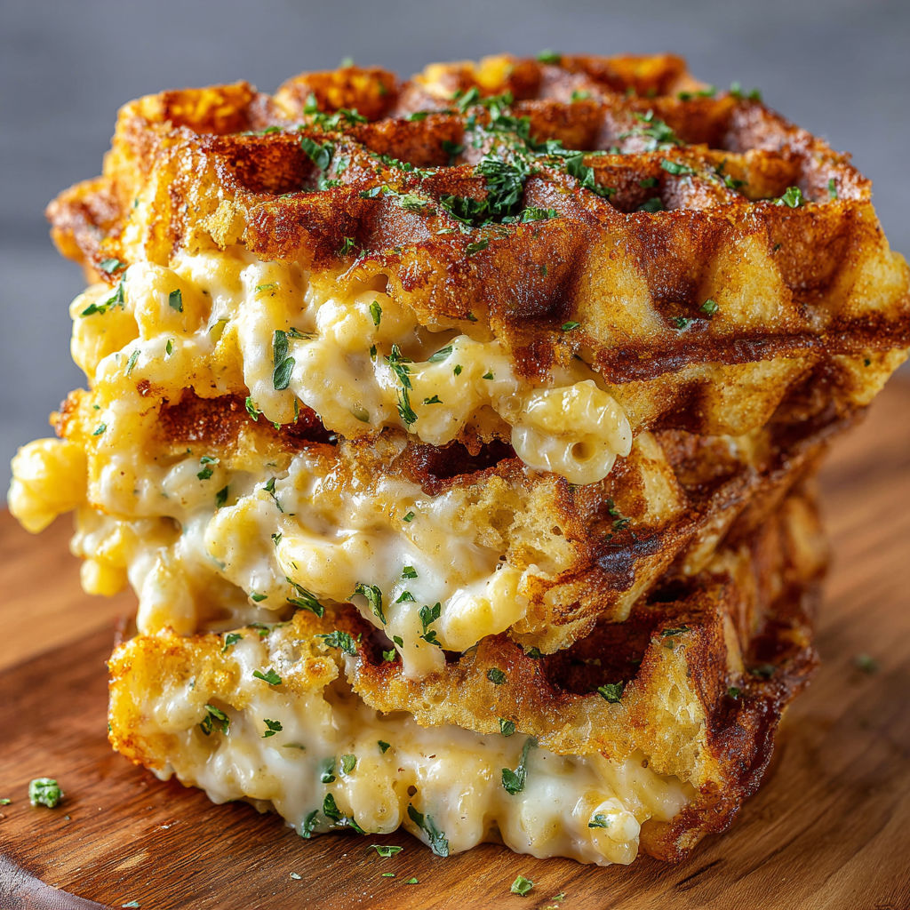 A stack of waffles with cheese and herbs on top.