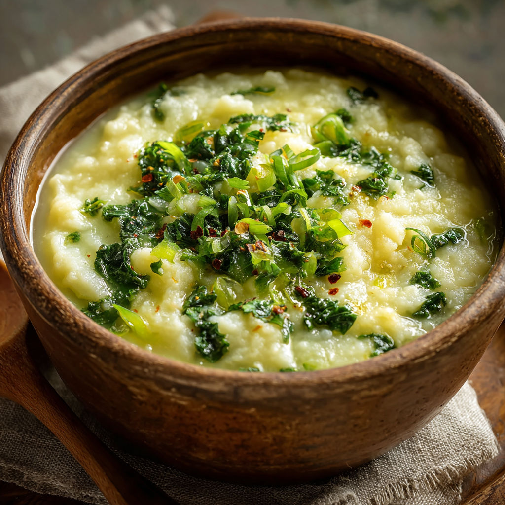 A bowl of soup with green vegetables.