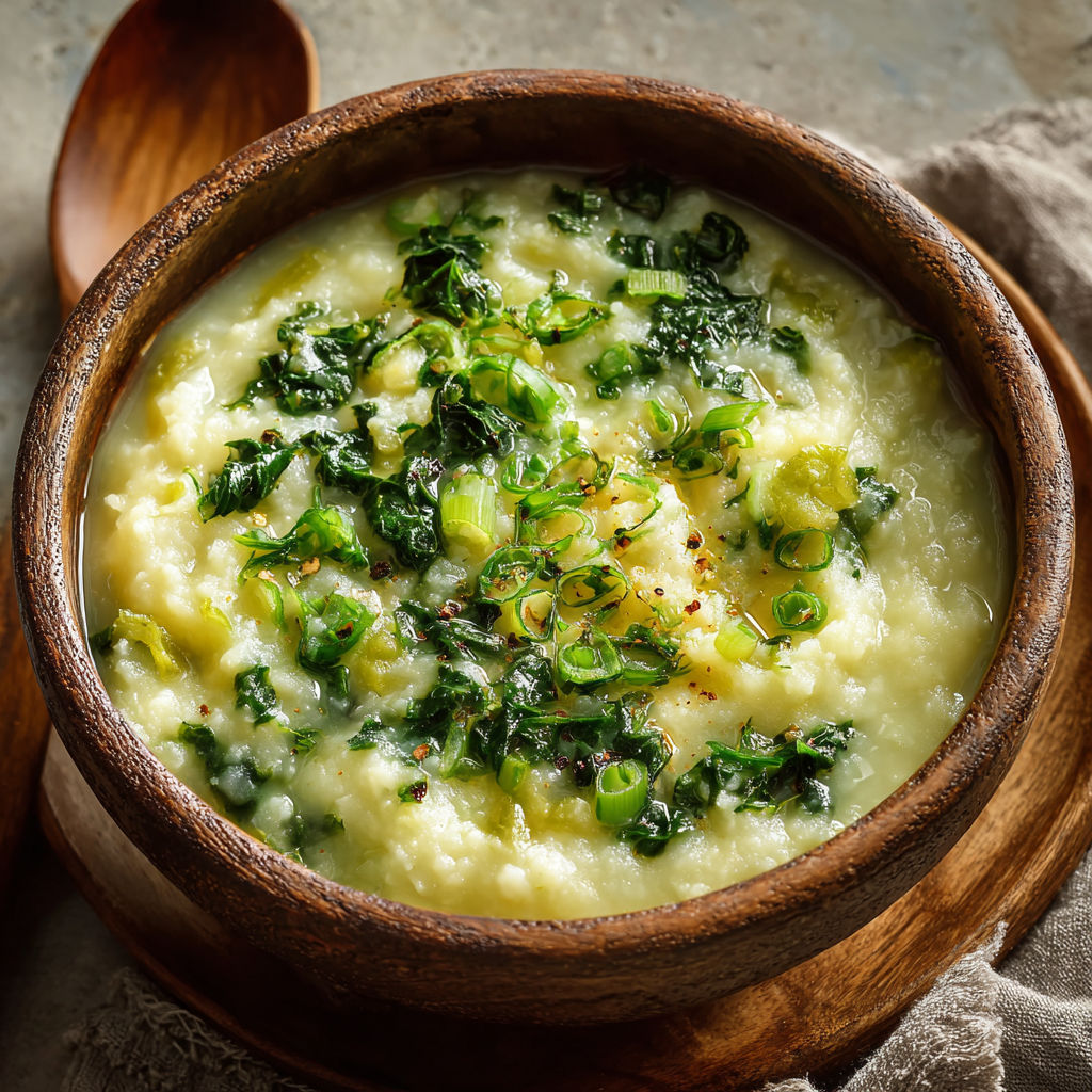 A bowl of colcannon soup with green vegetables.