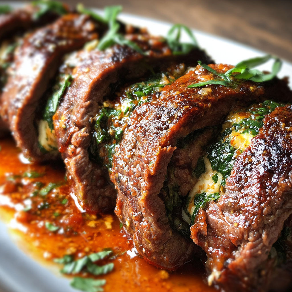 A plate of beef braciole with a savory and tender dish.