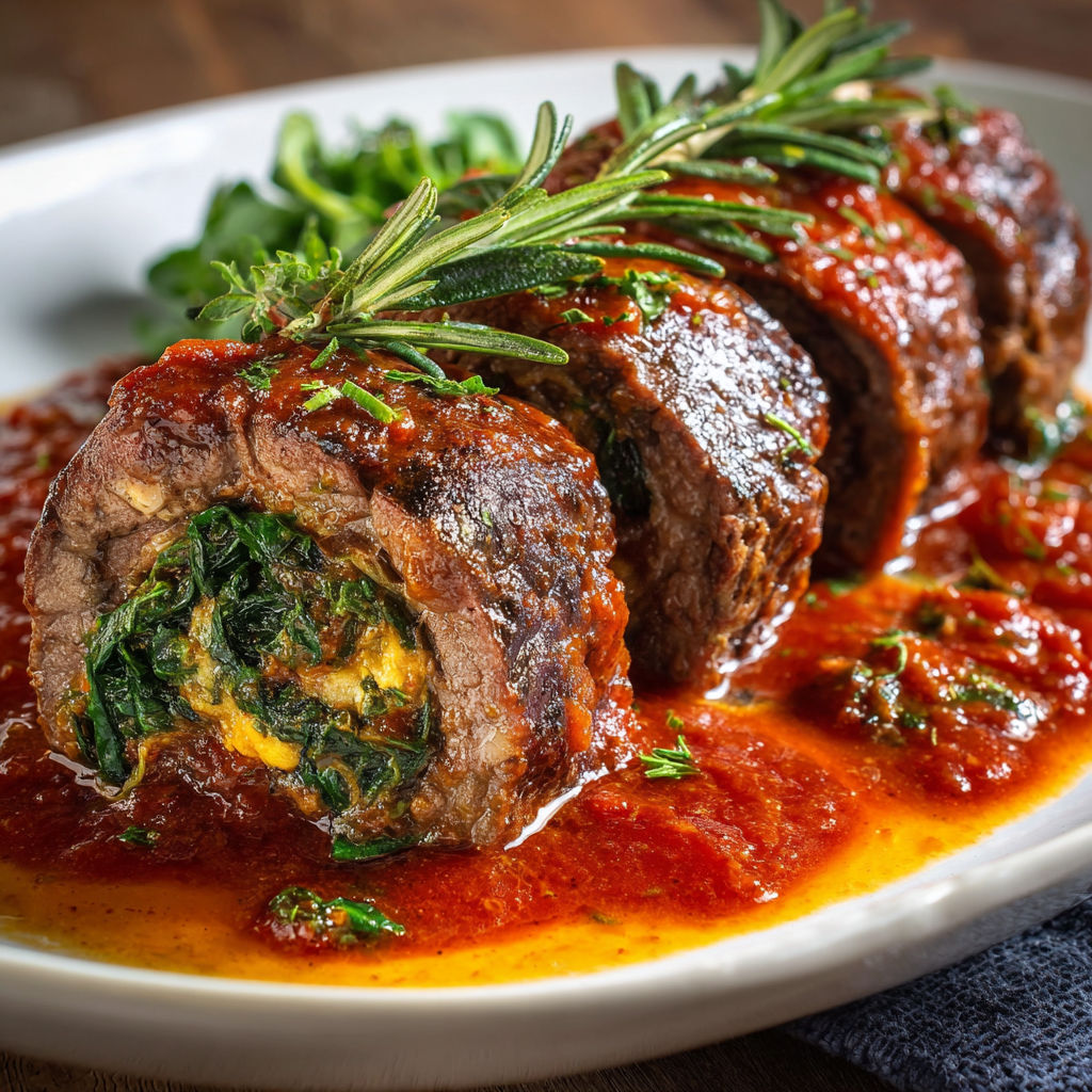 A plate of beef braciole with greens on top.