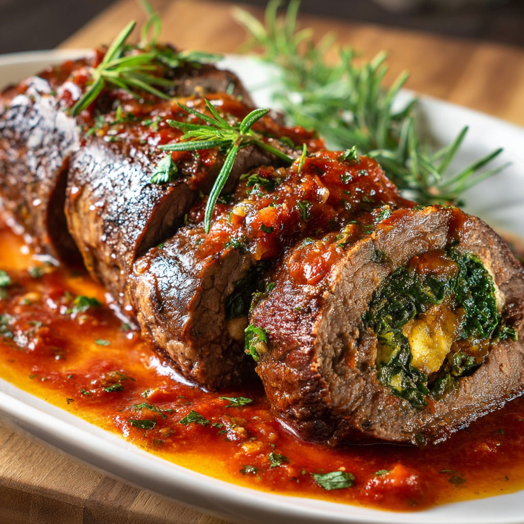 A savory and tender beef braciole dish.