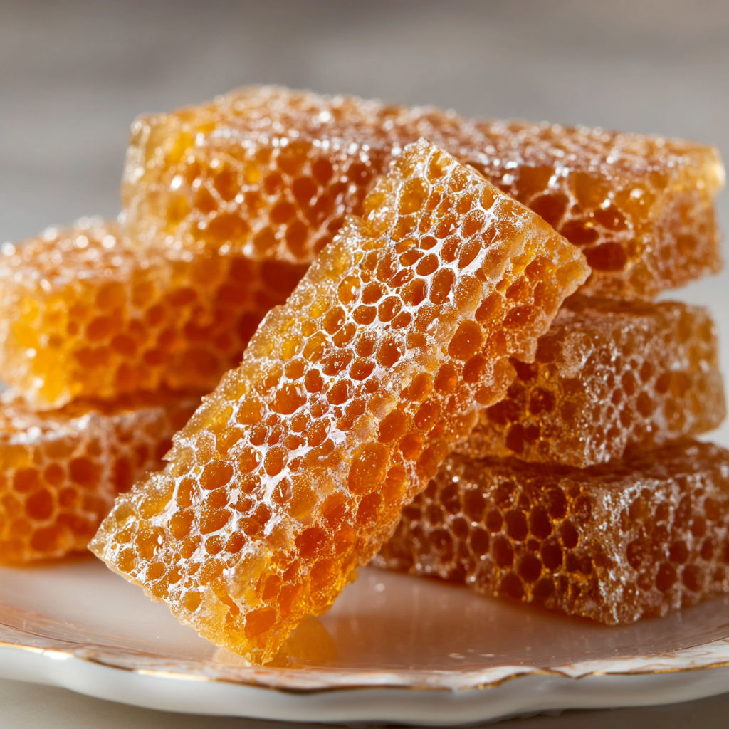 A stack of honeycomb with honey dripping out.
