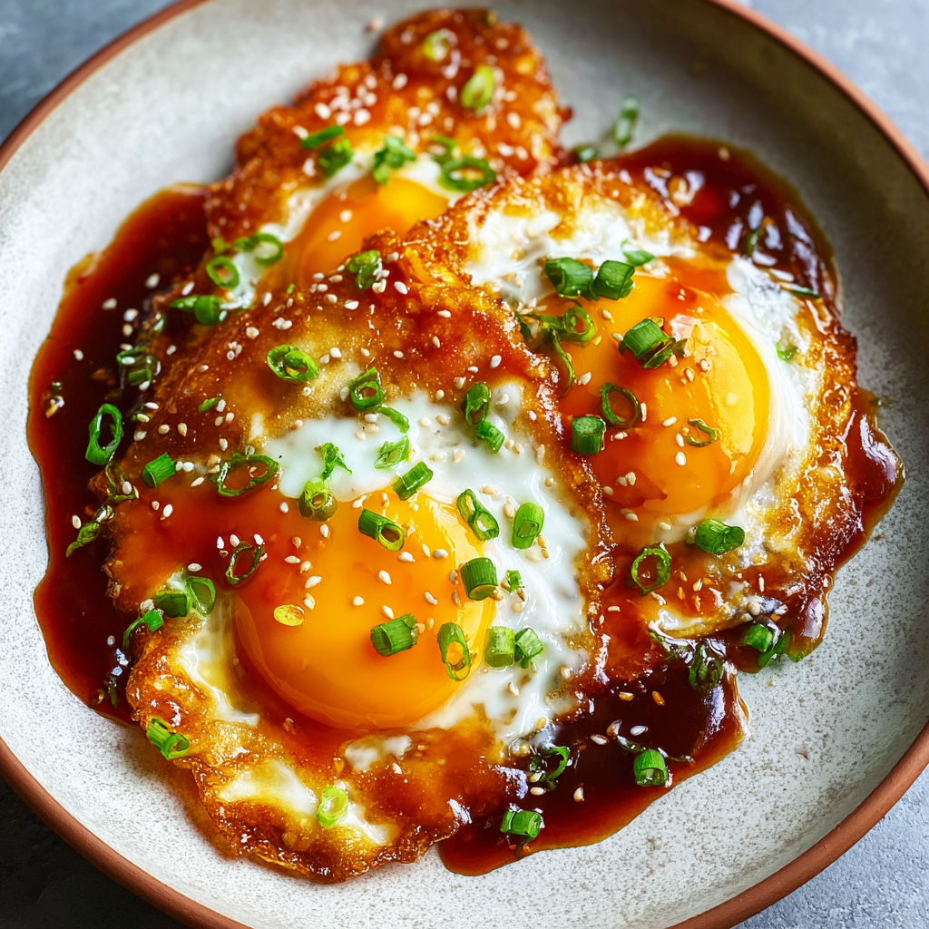 A plate of food with sauce and eggs.