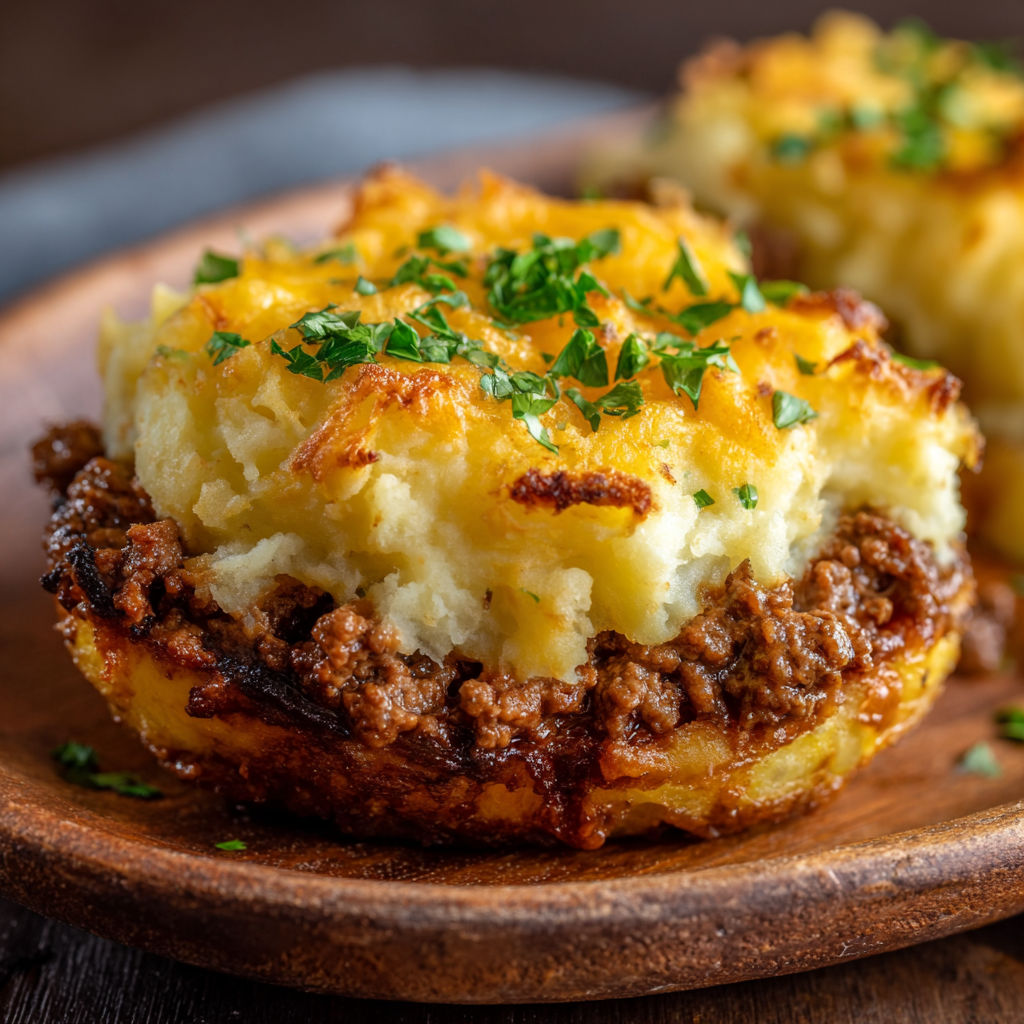 A close up of a baked potato with a shepherd's pie on top.