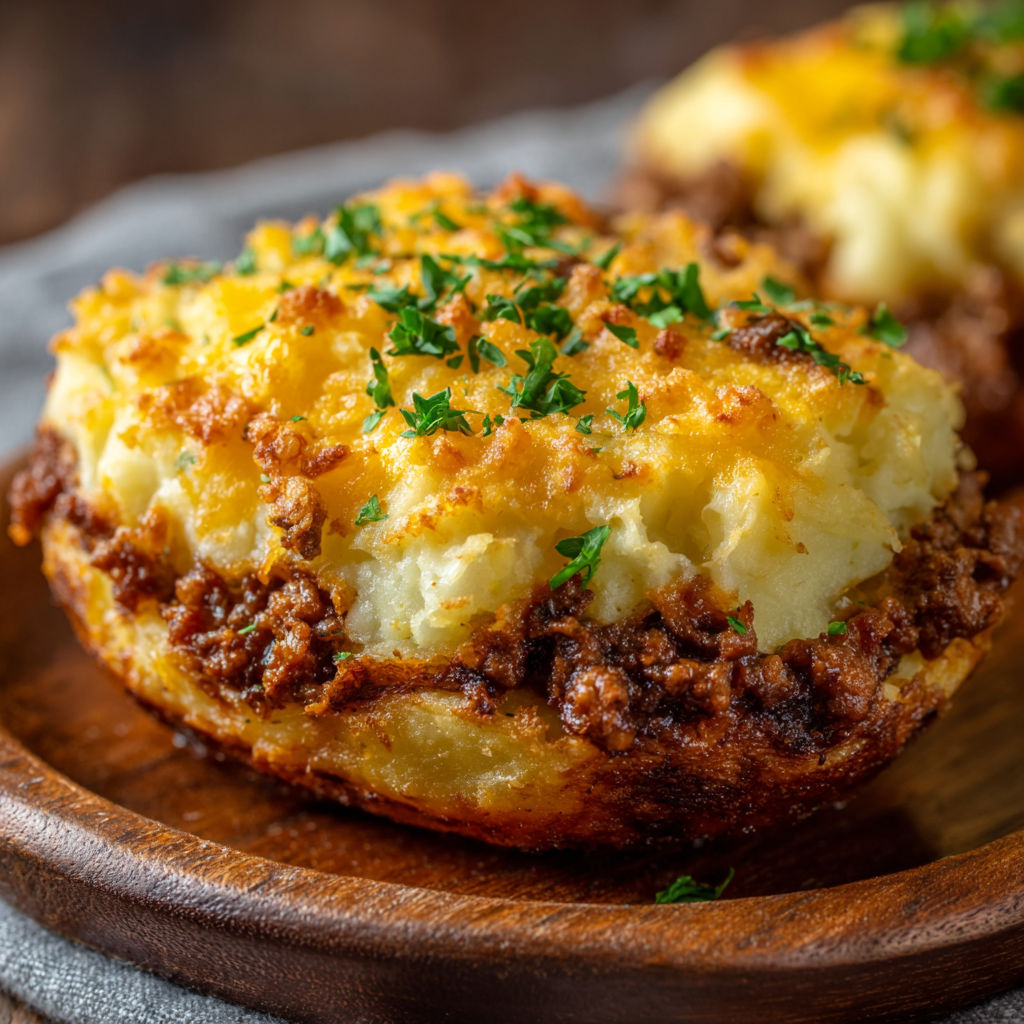 A close up of a baked potato with a shepherd's pie filling.