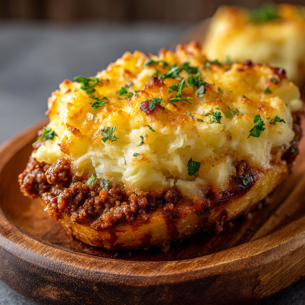 A slice of shepherd's pie baked potato.