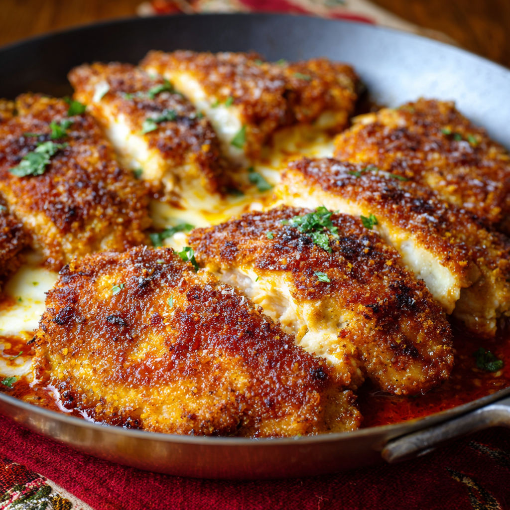 A pan of fried chicken with a spoon in it.