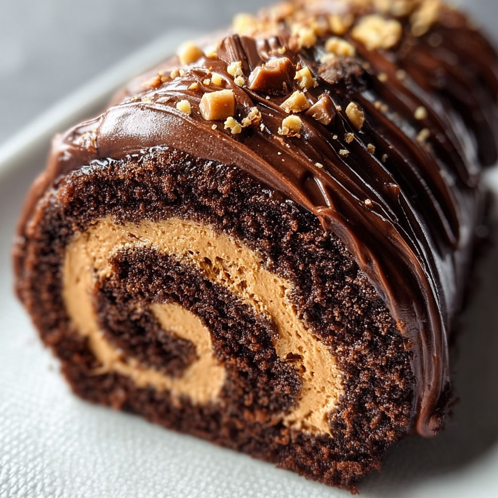 A chocolate roll with peanut butter and nuts on top.