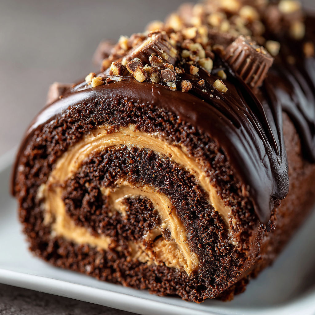 A chocolate cake with peanut butter and candy toppings.