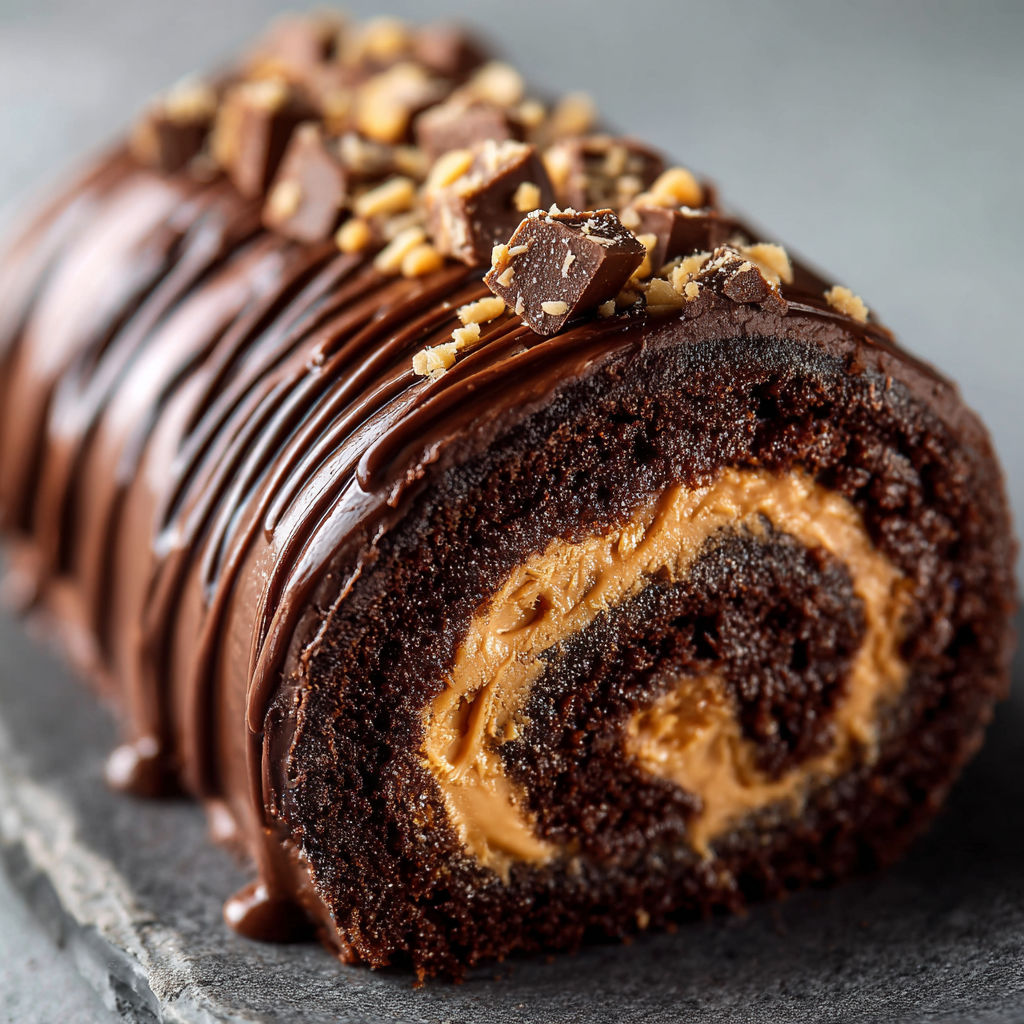 A chocolate cake with peanut butter and nuts on top.