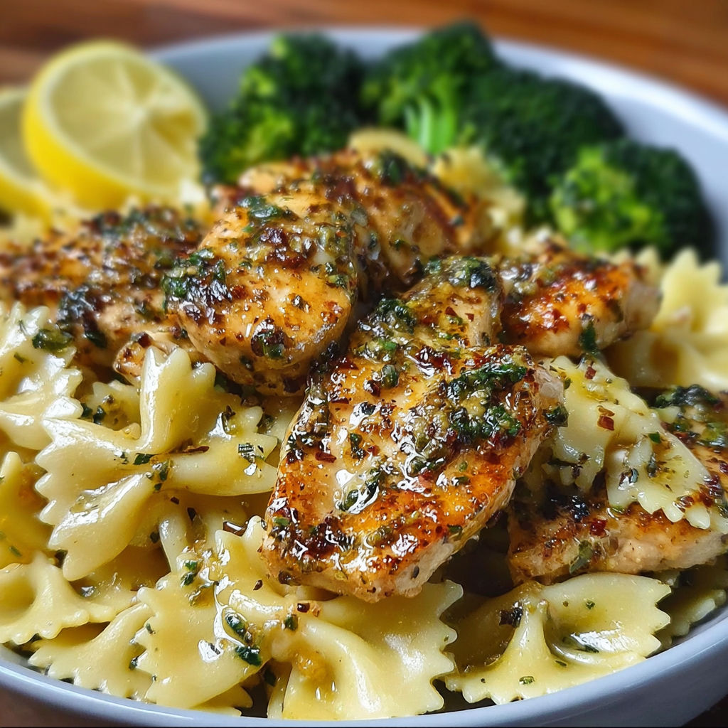 A bowl of chicken and broccoli with a lemon wedge on top.