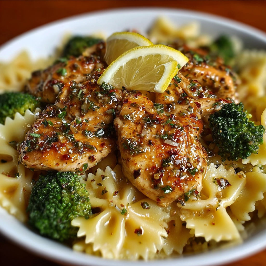 A plate of pasta with chicken and broccoli.
