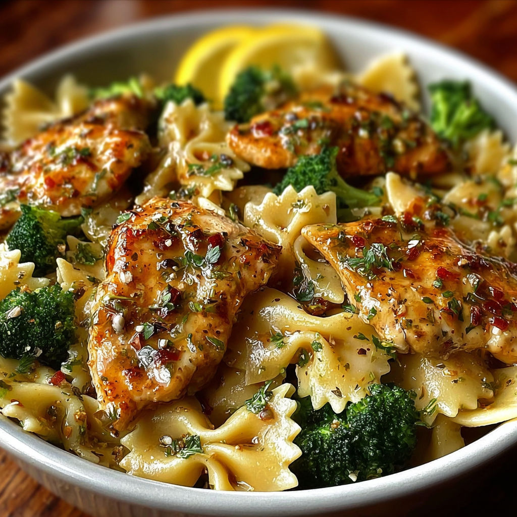 A bowl of pasta with chicken and broccoli.