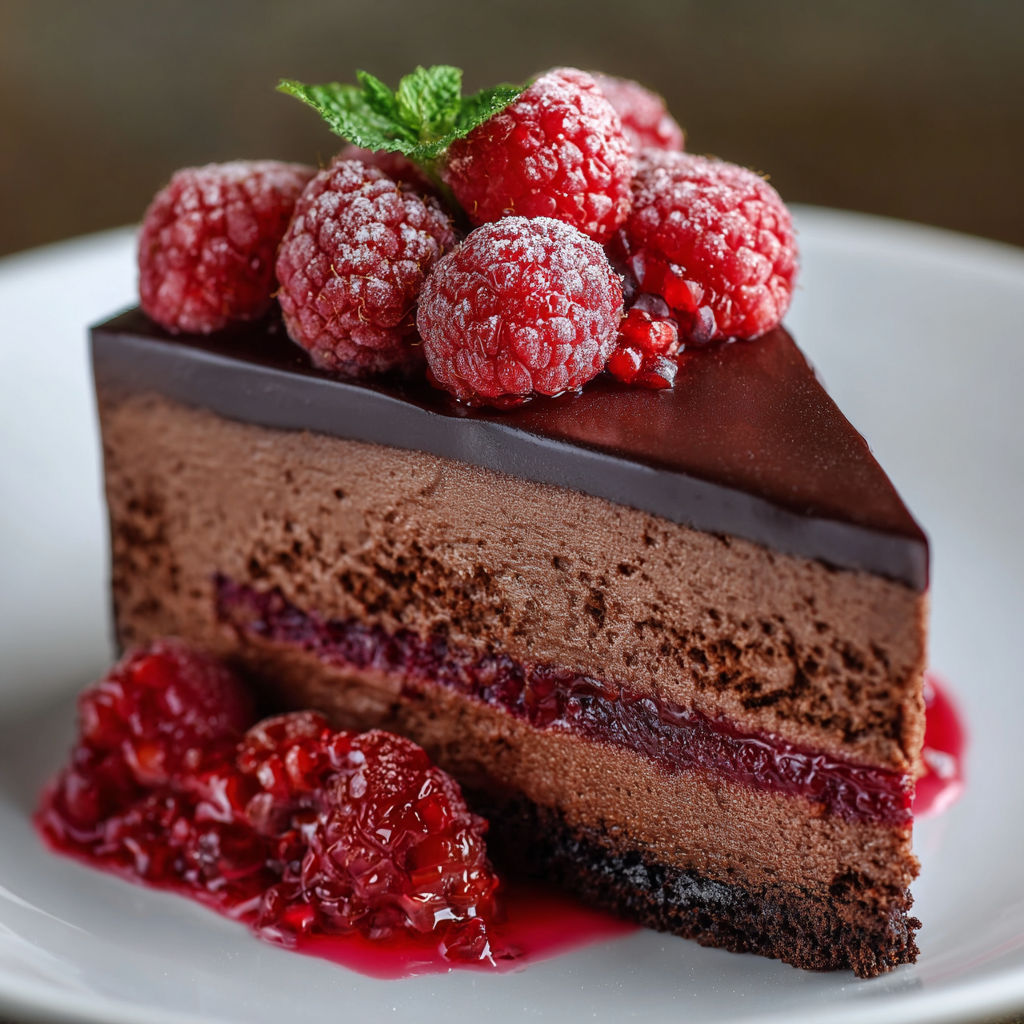A slice of dark chocolate raspberry mousse cake.