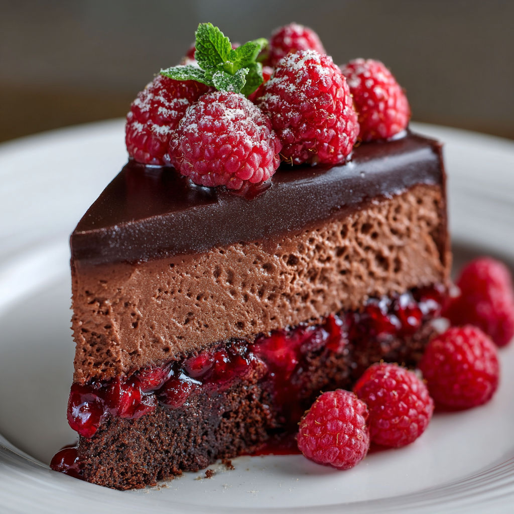 A slice of dark chocolate raspberry mousse cake.