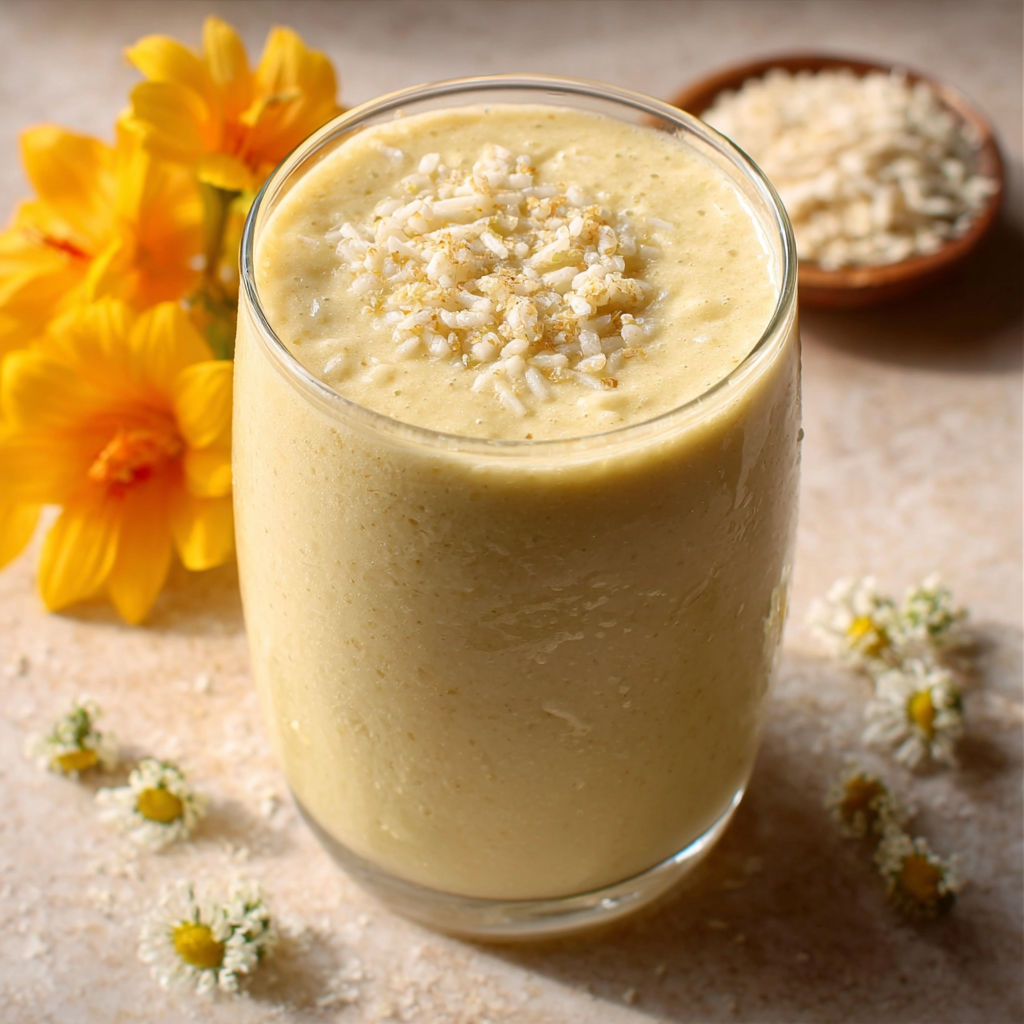 A glass of banana chamomile tea smoothie.