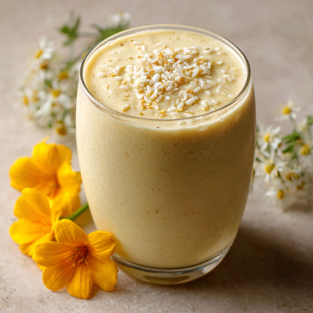 A glass of banana chamomile tea smoothie.