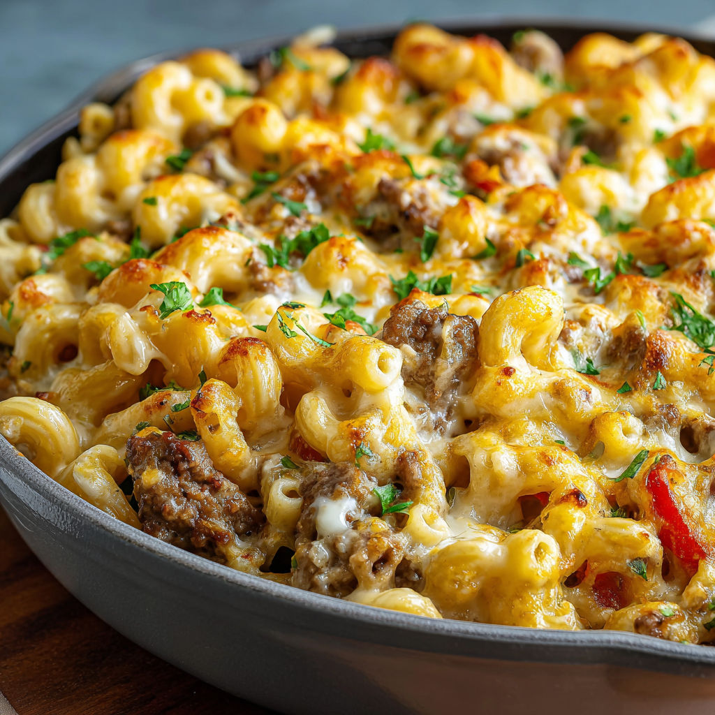 A bowl of macaroni and cheese with meat and vegetables.