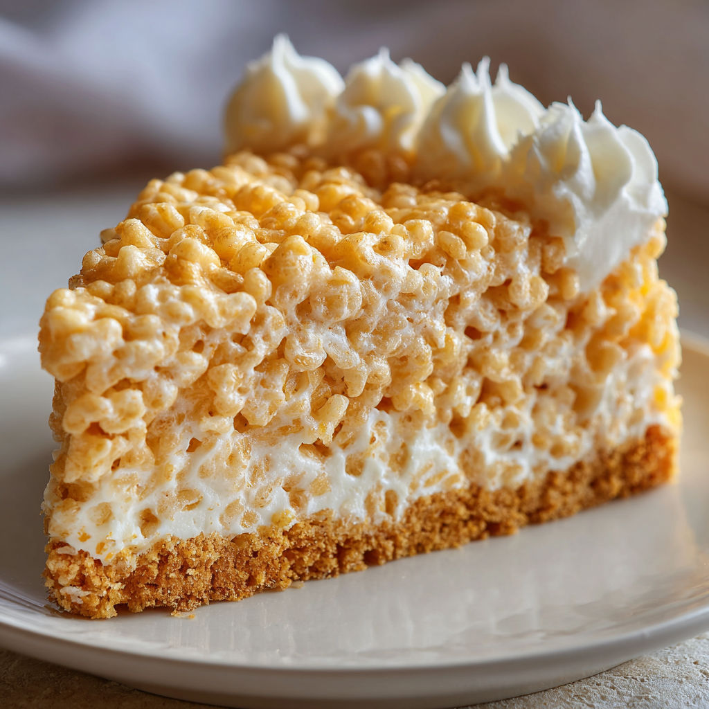 A slice of cake with white frosting and yellow cereal.